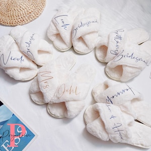 Custom Fluffy Slippers, Custom Bride Slippers, Fluffy Cross slippers, Bride to Be Gift, Bridesmaid Gift, Bachelorette Party, Fluffy Slippers