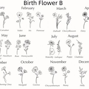 May include: A black and white line drawing illustration of birth flowers for each month of the year. The flowers are arranged in a grid with the month name above each flower. The flowers include snowdrop, carnation, violet, iris, primrose, daffodil, cherry blossom, daisy, sweet pea, lily of the valley, hawthorn, rose, honeysuckle, waterlily, larkspur, poppy, gladiolus, aster, morning glory, marigold, cosmos, chrysanthemum, peony, holly, and narcissus.