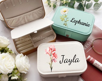 Estuche de joyería de cuero con estampado floral personalizado: organizador de viaje con la flor de nacimiento.