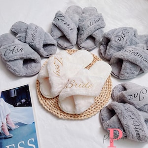 Custom Fluffy Slippers, Fluffy Cross slippers, Custom Bride Slippers, Bride to Be Gift, Bridesmaid Gift, Bachelorette Party, Fluffy Slippers