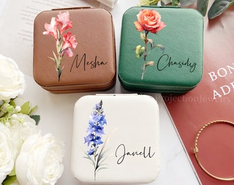 Jewelry Box Travel Case,Bridesmaid jewelry box,Engraved Leather Jewelry box,Birth Flower Jewelry Travel Case,Birthday Gift,Jewelry Organizer