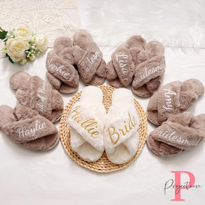 Custom Bride Slippers, Custom Fluffy Slippers, Fluffy Cross slippers, Bride to Be Gift, Bridesmaid Gift, Bachelorette Party, Fluffy Slippers