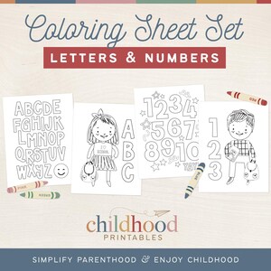May include: A set of four printable coloring sheets featuring letters, numbers, and illustrations. The sheets include the alphabet, numbers 1-10, a girl holding a book, and a boy holding a book.