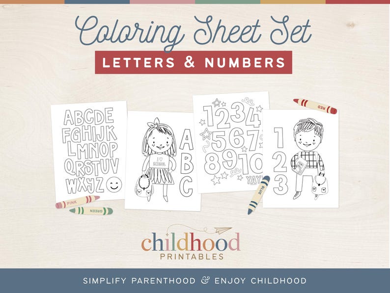 May include: A set of four printable coloring sheets featuring letters, numbers, and illustrations. The sheets include the alphabet, numbers 1-10, a girl holding a book, and a boy holding a book.