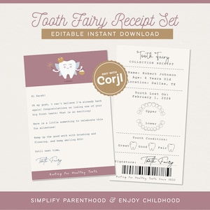 May include: A Tooth Fairy Receipt Set with editable instant download. The set includes a letter and a receipt with details like name, age, and tooth condition. The design features a cartoon tooth fairy and the text "Rooting for Healthy Teeth Since 1900."