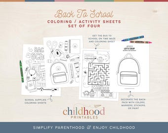 Op de afbeelding: Vier printbare kleurplaten voor kinderen met een schoolbusdoolhof, een rugzak en schoolbenodigdheden. De pagina's zijn zwart-wit en hebben de tekst "Back To School Coloring/Activity Sheets Set of Four" en "Let's Color Decorate Your Backpack".