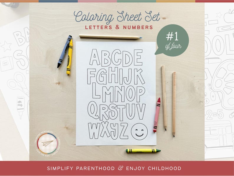 May include: A black and white printable coloring sheet featuring the alphabet in large, bold letters. The sheet is titled "Coloring Sheet Set - Letters & Numbers #1 of four".