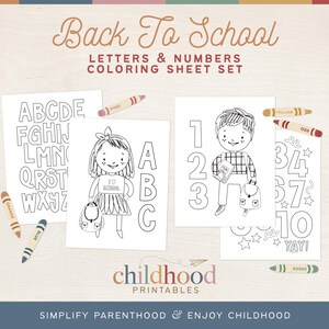 May include: Black and white coloring pages featuring letters of the alphabet, numbers 1-10, and illustrations of children carrying backpacks and books. The text "Back To School" and "Letters & Numbers Coloring Sheet Set" is at the top of the image.