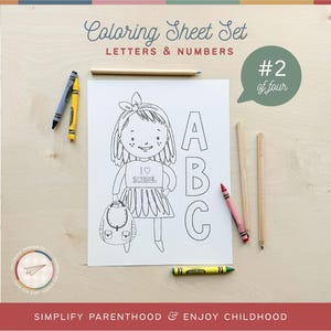 May include: Black and white coloring page featuring a girl holding a backpack and the letters A, B, and C. The page is titled "Coloring Sheet Set Letters & Numbers #2 of four".