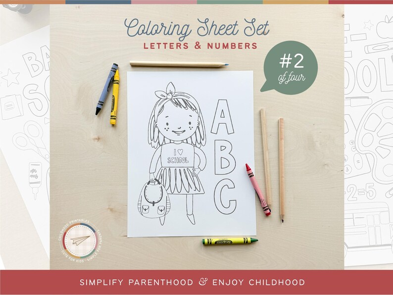 May include: Black and white coloring page featuring a girl holding a backpack and the letters A, B, and C. The page is titled "Coloring Sheet Set Letters & Numbers #2 of four".