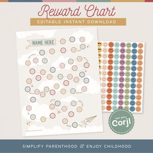 Puede incluir: Un gráfico de recompensas imprimible con un diseño de nubes y estrellas, con un camino de círculos para rastrear el progreso. Incluye una hoja de pegatinas de caras sonrientes. El texto dice "Reward Chart" y "Editable Instant Download."