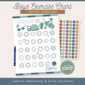 Peut inclure: Un tableau d'exercices pour garçons imprimable avec des icônes d'exercices et des cercles pour suivre les progrès. Comprend une feuille d'autocollants smiley. Le tableau porte le texte "Boys Exercise Chart" et "Instant Download". Le bas du tableau indique "Simplify Parenthood & Enjoy Childhood".