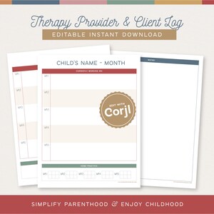 Printable Kids Speech Therapy Log, Child Occupational Therapy, Customizable Instant Download