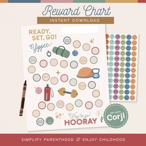 May include: A printable reward chart with the text "Reward Chart" and "Instant Download". The chart features circles for tracking progress, with illustrations of a gym bag, weights, and a water bottle. A sheet of smiley face stickers is included.