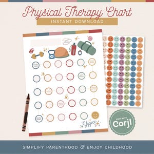 May include: A printable physical therapy chart with the text "Physical Therapy Chart" and "Instant Download". The chart includes exercise icons, circles for tracking, and a sheet of smiley face stickers. A brown crayon is also visible.