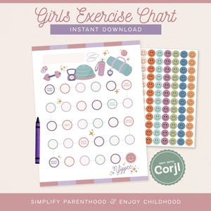 Puede incluir: Un gráfico de ejercicios para niñas imprimible con un diseño púrpura y rosa. El gráfico incluye ilustraciones de equipos de ejercicio y pegatinas de caritas sonrientes. El texto incluye "Girls Exercise Chart" y "Instant Download".