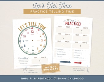 Learn To Tell Time, Instant Download Analog Clock Printable for Kids, Homeschool Fun Worksheet