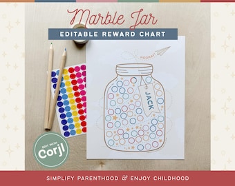 May include: Printable marble jar reward chart featuring a blue and white jar design. The chart is editable and includes the text "HOORAY!" and "JACK".