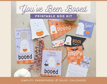 May include: Printable Halloween "You've Been Booed" kit with ghost and candy illustrations. Includes door hangers, signs, and a "Boo" note.