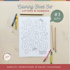 May include: A black and white printable coloring sheet featuring the numbers 1 through 10 with a 'YAY!' at the bottom. The sheet is part of a set of four coloring sheets for letters and numbers.