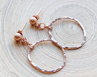 Rose gold organic hoops. Ball post earrings with organic shape hoops. Graduation day gifts for her. Rose gold hoop earrings, gifts. Artisan