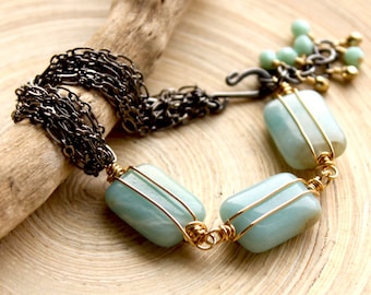 Amazonite Gemstone Bracelet: Mixed Metal Multi-Chain Jewelry