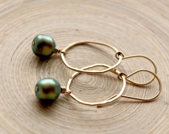 Gold organic hoops green Swarovski pearls. Gold filled earrings, Iridescent green Swarovski pearls, May Birthstone earrings. June birthstone