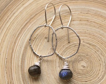 Labradorite sterling silver Organic hoops. Silver earrings with Labradorite, Organic hoops. 1 st Anniversary gift, healing stone earrings.