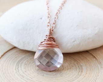 Rose quartz rose gold necklace, single gemstone wire wrapped drop necklace. Rare high quality stone, layering necklace, bridal gift for her