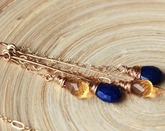 Lapis Lazuli and Citrine long necklace. Gold filled women's necklace with blue and yellow gemstones! September and November Birthstones