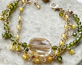 OOAK Crystal 3 strands Bracelet, Green-Yellow Beads, 14k Gold Filled