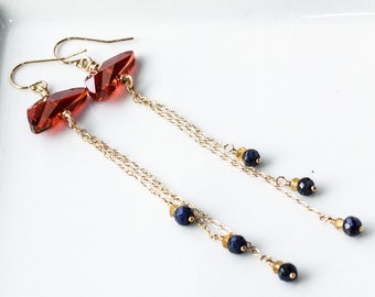 Swarovski Lava Red Crystal Earrings: Gold Filled Chain, Sapphire & Citrine