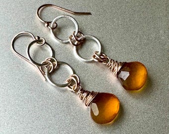 Honey yellow Chalcedon earrings in rose gold and sterling silver mixed metals.