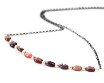 Opal bar necklace in mixed metal. Black Ethiopian Opal bar with gold filled beads, black oxidized silver chain. Opal choker necklace, gifts.