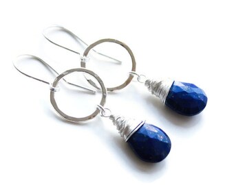 Lapis Lazuli earrings in sterling silver, September birthstone gifts. Teardrop wire wrapped earrings, birthday gifts. Gifts for women 2023