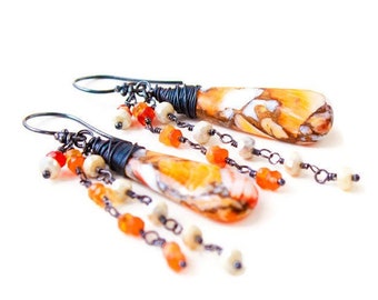 Orange Copper Oyster Drops Almond Shape earrings with Silverite and Opal beads. Black oxidized sterling silver earrings, fancy boho gift.