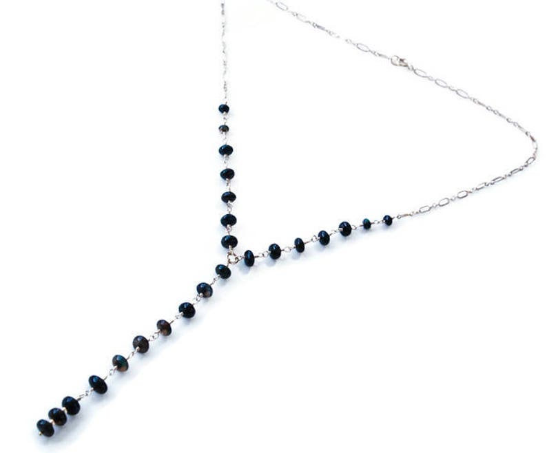 Black Ethiopian Opal lariat necklace Graduation gift October birthstone gifts gold filled chain and Black Opal beads Modern Y necklace