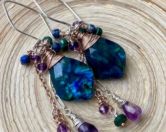 Multi-coloured Abalone quartz earrings in sterling silver and 14k rose gold filled with gemstones