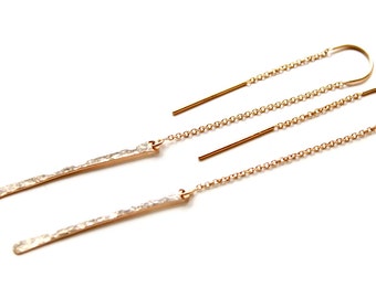 Threader gold geometric earrings. Modern Bar earrings,minimalist style.Hammered bars gold chain earrings, string earrings, jewelry trends