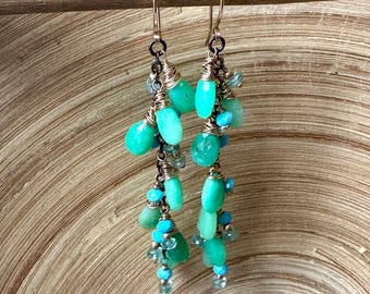Long mixed metal earrings with Chrysoprase and Apatite gemstones