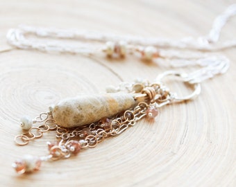 Fossil Coral long necklace - Mixed metal gemstone tassel necklace - Gold and silver tassel pendant - Gift for women - Wedding gifts- Summer