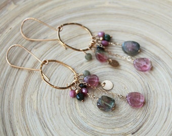 Tourmaline long bohemian earrings. Gold filled gemstone earrings, October birthstone gift. Organic gold earrings, super long. Gifts 2023