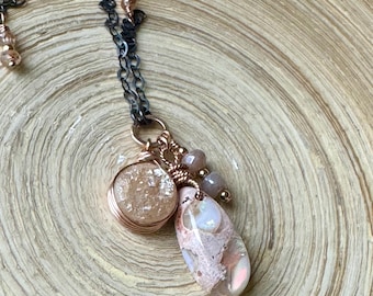 Cantera Opal Druzy Necklace: Rose Gold Wrapped, Oxidized Silver Chain