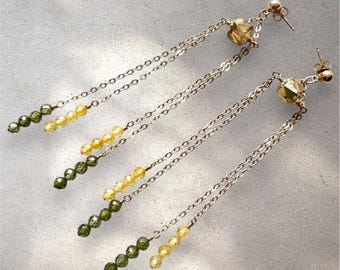 Super long gold filled earrings with yellow and green crystals