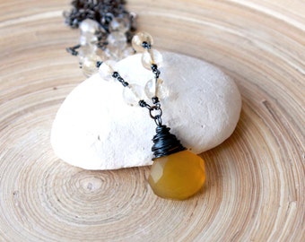 Honey Chalcedony and Citrine Necklace: Black Gunmetal Chain, Bohemian Style