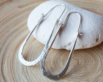Hammered Fine Silver Oblong Hoop Earrings: Artisan Sterling Silver Wires