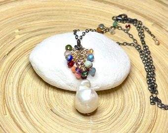 Baroque pearl necklace with multi gemstones