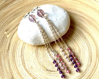 Super long chain earrings with multi gemstones. Sterling silver chains earrings