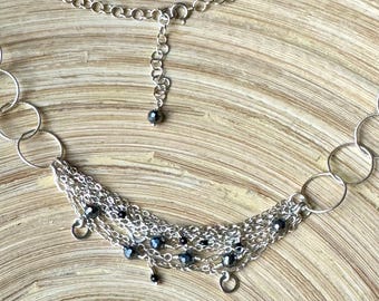 Bohemian necklace in sterling silver, with Hematite and Black Spinel beads.