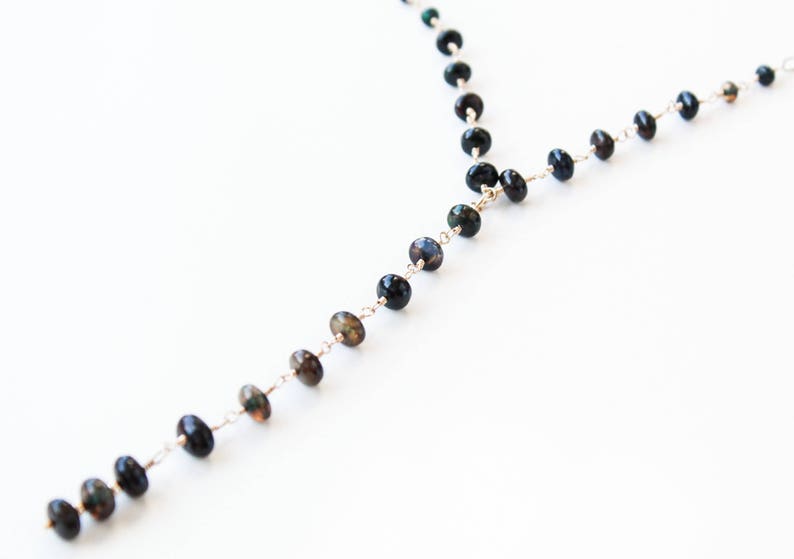 Black Ethiopian Opal lariat necklace Graduation gift October birthstone gifts gold filled chain and Black Opal beads Modern Y necklace
